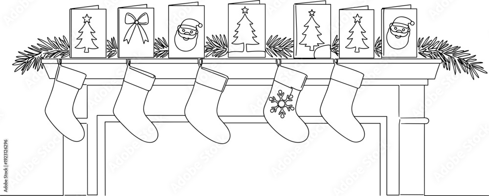 Fototapeta premium Line drawing of a Christmas mantel with stockings and decorative cards on a transparent background