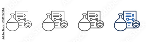 
Lab outline icon set with plus sign, document and lab glass design