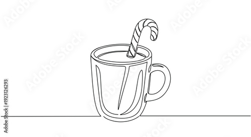 Line drawing of a coffee cup filled with hot beverage and candy cane on a transparent background