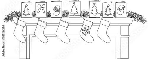 Line drawing of a Christmas mantel with stockings and decorative cards on a transparent background