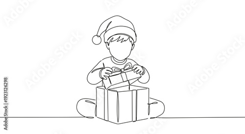 Line drawing of a child opening a Christmas gift while sitting on the floor wearing a Santa hat, isolated on white background