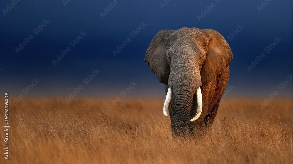 Fototapeta premium Large male elephant approaches directly through tall, golden savanna grass under a deep blue twilight sky