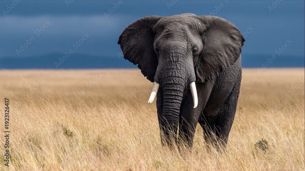 Fototapeta premium Large herbivore stands prominently in sunlit savanna against a dark sky