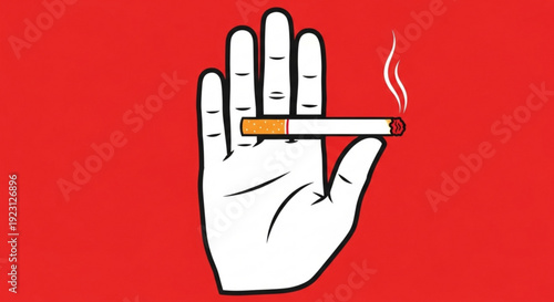 Smoking gesture hand holding cigarette on red background