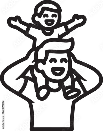 Smiling man carrying happy child on his shoulders outdoors fun