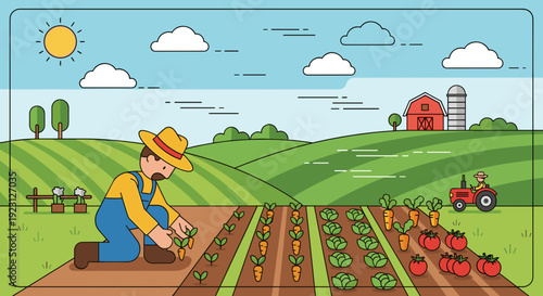 Farmer Working in Vegetable Garden Field.