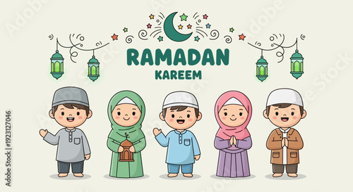 Diverse Muslim children celebrating Ramadan Kareem with lanterns and crescent moon