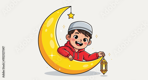 Happy little boy in red hoodie sitting on crescent moon with lantern