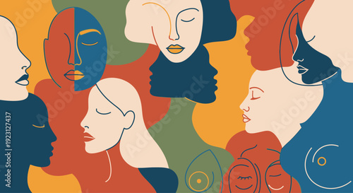 Diverse womens faces in a vibrant abstract illustration.