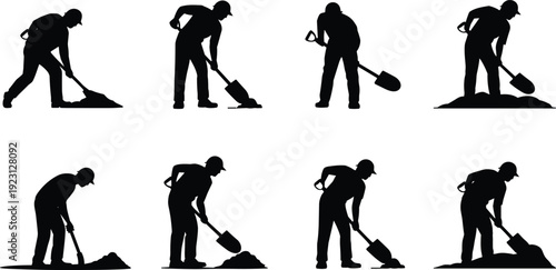 Manual Labor Silhouette Icons Set Featuring Shoveling Poses for Construction, Digging, and Physical Work Representation