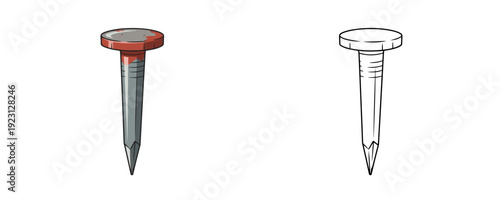 Illustration of sharp metal construction nail comparing colored 3D style with red head and simple black line art on white background for hardware and carpentry design