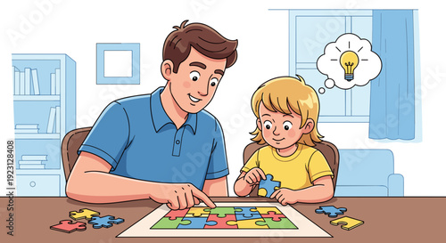 Father and Daughter Playing Jigsaw Puzzle Together.