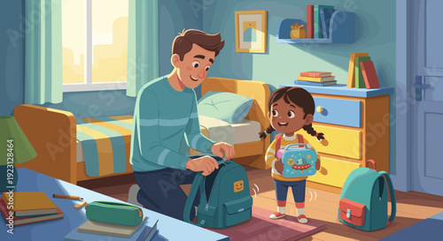 Father and Daughter Preparing for School.