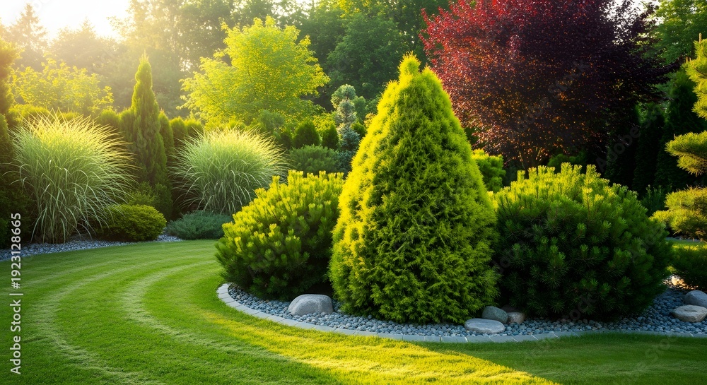 Obraz premium Lush Green Garden with Manicured Lawn and Diverse Shrubs Bathed in Golden Sunlight.