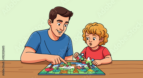 Father and Son Assembling a Puzzle Together.