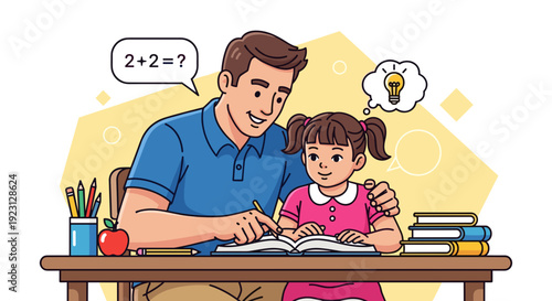 Father and Daughter Studying Together at Desk.