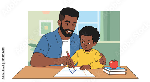 Father and Son Drawing Together at Table.