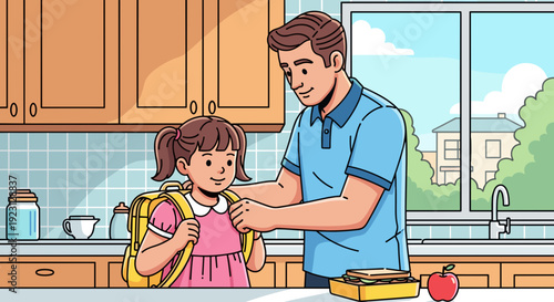 Father Assisting Daughter with Backpack.