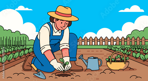Gardener Planting Seedlings in Garden Soil.