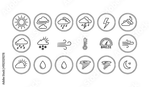 Minimal Weather Outline Icons Collection with Sun Cloud Storm Wind Editable Stroke Illustration