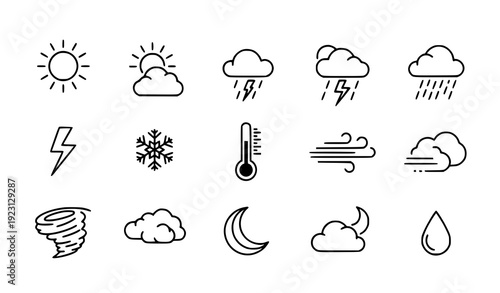 Weather Forecast Thin Line Icon Set with Sun Cloud Rain Wind Temperature Editable Stroke Vector