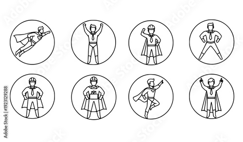 Superhero Business Pictogram Icons with Flying Man Victory Worker Editable Stroke Illustration