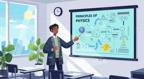 Male Teacher Explaining Physics on Screen.