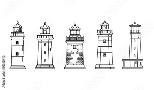 Lighthouse Outline Illustration Collection with Detailed Coastal Tower Line Art Vector