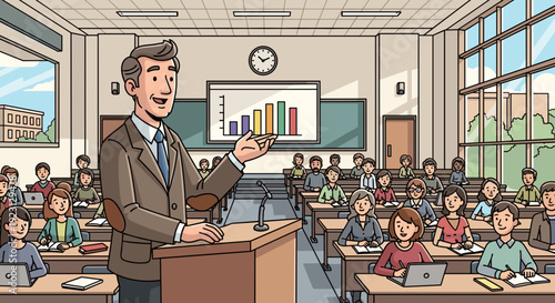 Male Teacher Presenting to Students in Classroom.