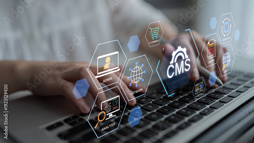 Concept of a Content Management System (CMS). A platform for website administration, digital content creation, workflow management, and e-commerce integration. Fermion