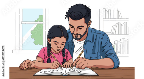 Man and Girl Reading Book Together.