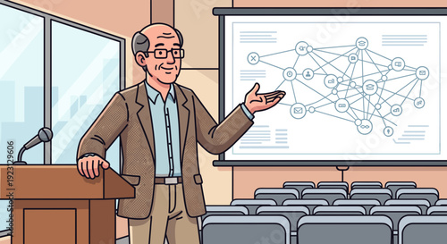 Man in Suit Presenting Network Diagram.