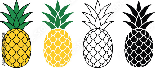 Pineapple Icon Vector Set  Color, Outline, and Silhouette Variations