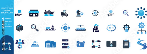 Supply Chain Solid Icons Set Logistics Delivery Manufacturing Distribution Vector