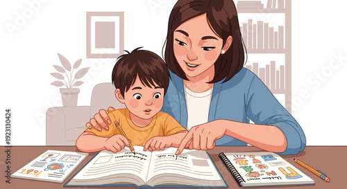 Mother and Child Reading Together at Home 5.