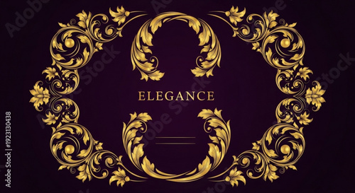 Elegant gold floral frame with 'elegance' text on dark background for luxury branding