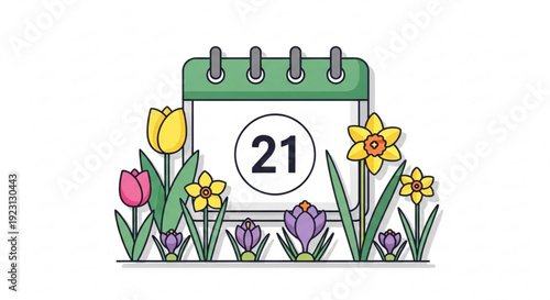 Spring calendar page with flowers on march 21st symbolizing equinox and new beginnings