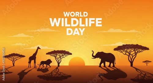 World wildlife day with giraffe elephant and trees at sunset