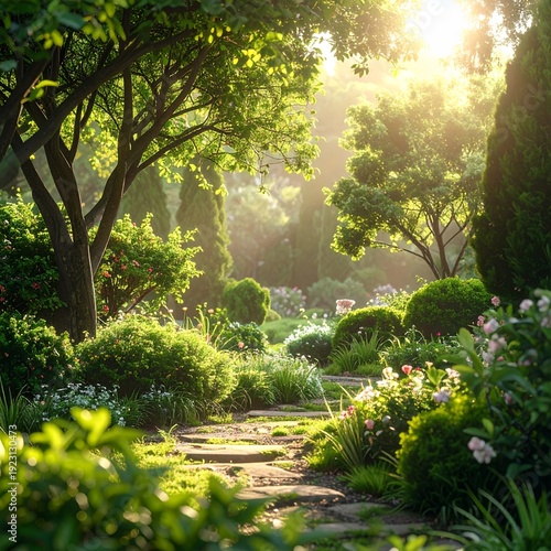 Wallpaper Mural Sunlit Garden Path with Lush Greenery and Blooming Flowers. Torontodigital.ca