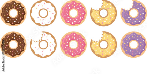 Colorful Donut Vector Set Whole and Bite Glazed Sweet Treats