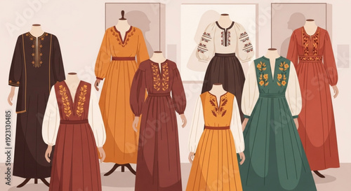 Vibrant medieval clothing mannequins in various earthy tones on display