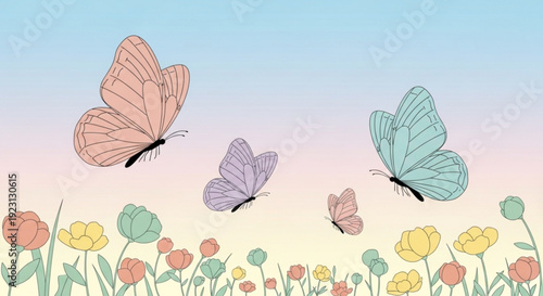 Colorful butterflies flying over vibrant flowers in a serene garden landscape with pastel sky