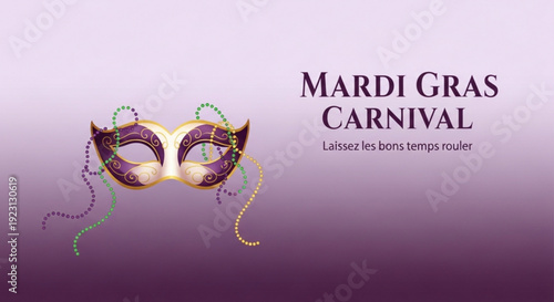 Mardi gras carnival mask with purple gold beads on ombre background