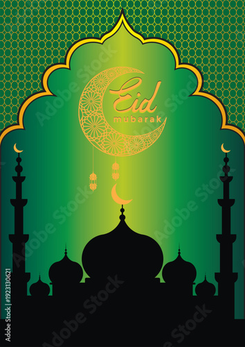 Eid Mubarak Green Islamic Arch Mosque Silhouette Vector Design