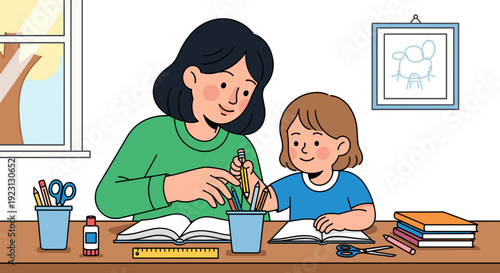 Mother Assisting Child with Homework Activity.