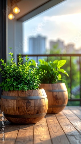 Wallpaper Mural Two large wooden barrel planters with lush green plants on a sunny balcony with city views. Torontodigital.ca