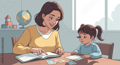 Mother Teaching Young Daughter to Read.
