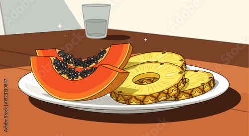 Papaya and Pineapple Slices on Plate.