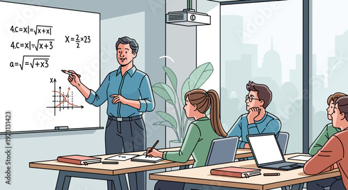 Teacher Explaining Math to Students in Classroom.