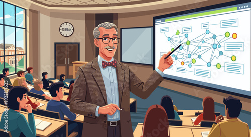 Teacher presenting data on large screen.